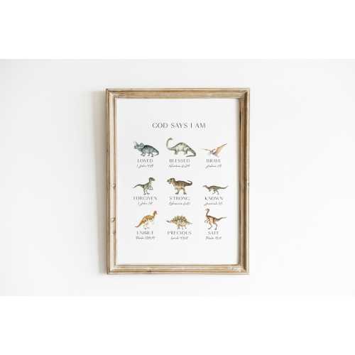 God Says I Am Dinosaur Nursery Art Watercolor Dinosaur Wall Art Christian Kids Affirmation Bible Verse Print Dino Boy Room Art XGSI2-A1