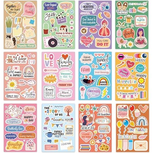 12pcs Family Scrapbook Stickers, Planner Journal Stickers Photo Album Embellishment Memory Decals for Family Bonding Cherished Moments Vision Board Party Decor