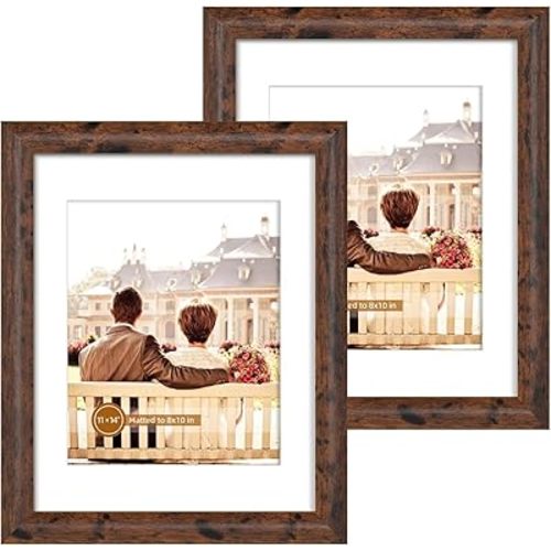 iRahmen 11x14 Picture Frame Set of 2, Wood Photo Frames with HD Glass - Display 8x10 Pictures with Mat or 11 x 14 Without Mat, Wall Mount
