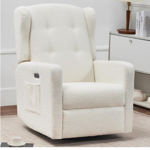 Power Swivel Rocking Recliner Chair, High Back Electric Rocker Nursery Glider Chair, USB and Type-C Ports, Upholstered Teddy Fabric Reclining Single Sofa Chair for Living Room (Teddy Beige)