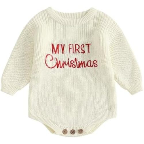 Christmas Baby Girl Boy Sweater Romper Outfit Letter Santa Claus Embroidery Bodysuit Long Sleeve Knit Warm Clothes
