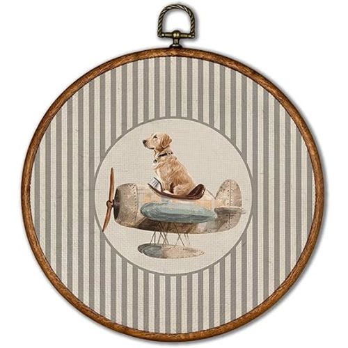 KSDUT Vintage Golden Retriever Pilot Wall Art Decor - Retro Sports Trendy Wall Art Canvas Frame Hanging Prints, Nursery Sports Gallery Round Artwork Decor for Home Kids Boys Room Decorations 10"x10"