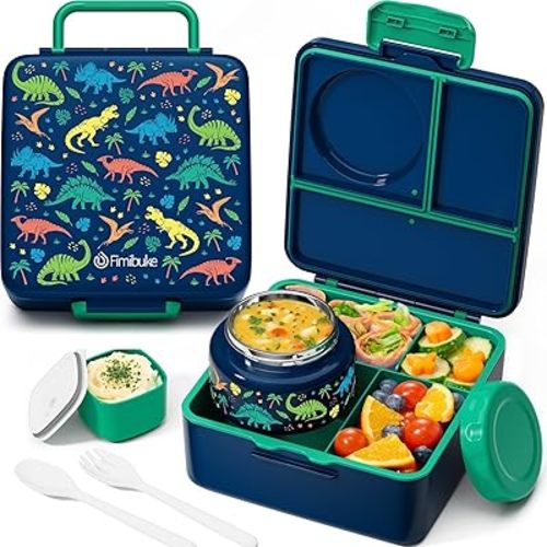 Fimibuke Bento Lunch Box for Kids Adult, 3-4 Compartment 60OZ Toddler Lunch Box Container with Leakproof 8OZ Insulated Food Jar, Sauce Jar, Utensil for School Boys Girls, BPA-Free Dishwasher Safe
