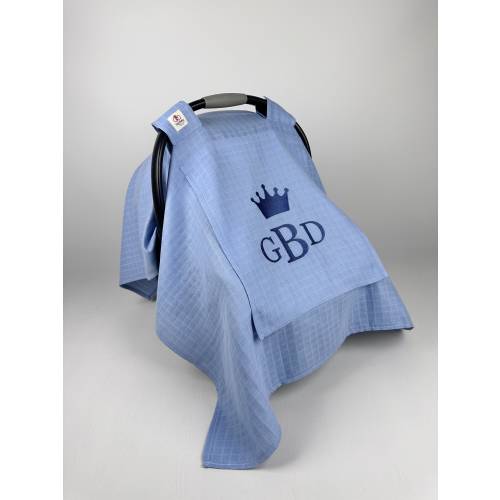 Car Seat Canopy Cover Baby Boy and Girl Blue Muslin Gauze with Peekaboo Mesh Window, Personalized Carseat Cover Baby Shower Gift
