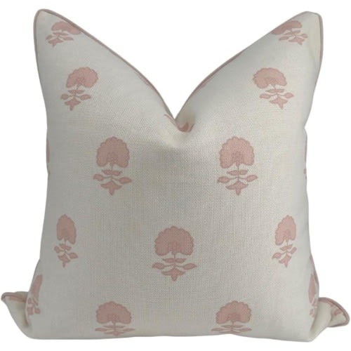 Pink Floral Block Print Pillow Cover: Grandmillennial Cottagecore Cushion Girls Room Pillow "Lauderdale" by Jillien Harbor