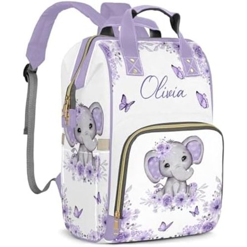 Custom Diaper Bag Mommy Bag with Multi-function Shoulders Outdoor Backpack for Newborn Baby Boy Elephant, Purple Customized Nappy Backpack with Thermal Pockets Nursing Bags