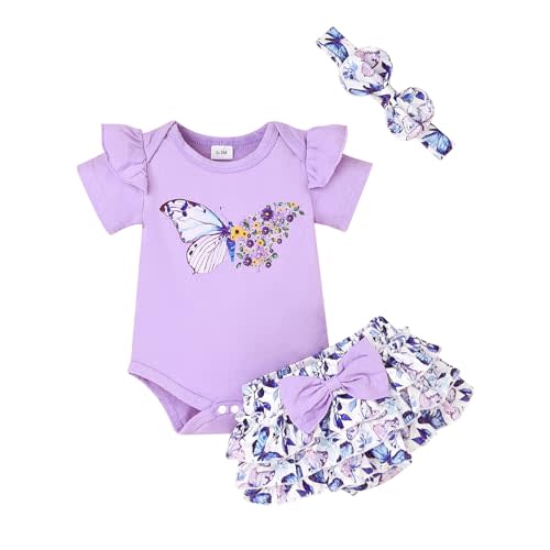 Baby Girl Clothes Summer Ruffle Romper Shorts Headband 3PCS 0-18M | Soft Cotton Baby Outfit Delivering Comfort, Print Romper With Matching Tiered Shorts + Headband, Daily Wear, Machine Washable