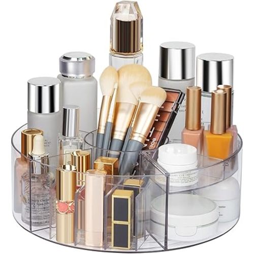 360° Rotating Makeup Organizer, 10" Clear Turntable Lazy Susan Organizer for Vanity, Bathroom Counter, Cabinet, Spinning Cosmetic Storage Holder with 6 Dividers for Skincare, Makeup Brushes, Lipsticks