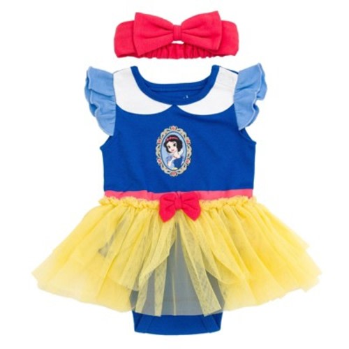 Disney Princess Snow White Newborn Baby Girls Cosplay Bodysuit With Skirt Overlay & Headband Blue / Red / Yellow Snow White 3-6 Months