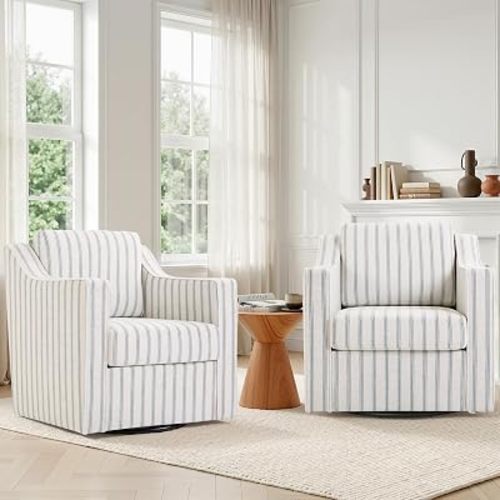 Swivel Accent Chairs Set of 2, Upholstered Armchair, Pinstripe Light Blue