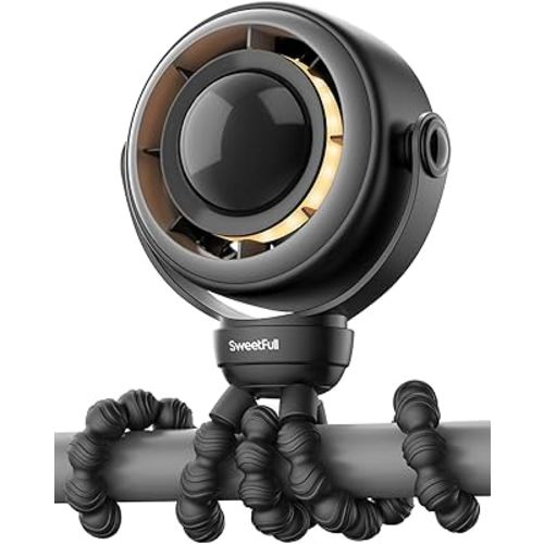 SWEETFULL Portable Pram Fan, 4 Speed Baby Stroller Fan, 360° Rotate Clip on Fan with LED Display & Night Light, 4000mAh Rechargeable Quiet Mini Safe Fan for Desk, Car Seat, Hand, Travel, Black