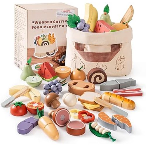 ROBOTIME Wooden Play Food 4-in-1 Cutting Set, Pretend Play Toy Food for Play Kitchen with Shopping Bag – Kids Kitchen Accessories, Wooden Play Food for Boys & Girls