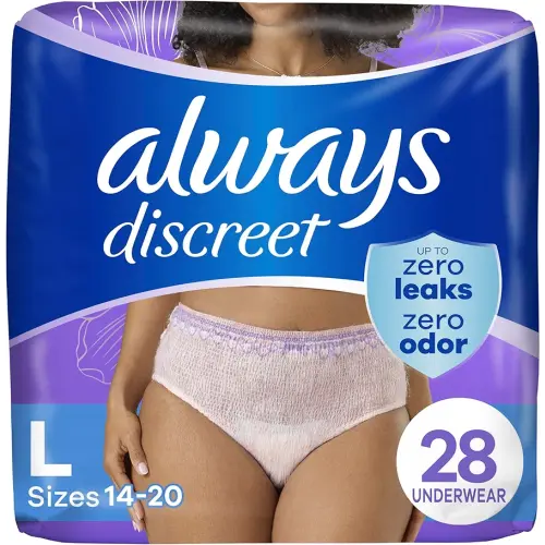 Always Discreet Adult Incontinence Underwear for Women and Postpartum Underwear, Large, Up to 100% Bladder Leak Protection, 28 Count