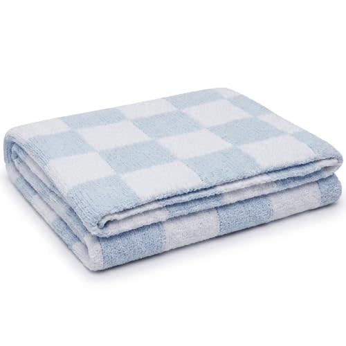 Living Textiles Blue Check Chenille Knitted Soft Baby Blanket - Reversible Premium Cozy Fabric for Best Comfort - for Infant,Toddler,Newborn,Nursery,Boy,Throw,Crib,Stroller