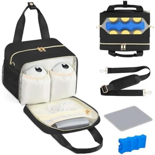 PIIOSER Breastmilk Cooler Bag with Ice Pack, Fits 6 Baby Bottles Up to 9 Ounce, Insulated Bottle Travel Bags with Shoulder Strap-Wearable Breast Pump Carrying Case for Nursing & Working Moms, Black