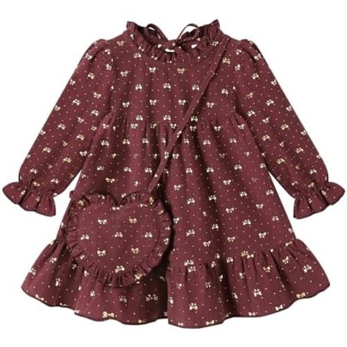 Happy Town Toddler Baby Girl Dress Ruffle Long Sleeve Floral Embroidered Dresses with Bag Fall Winter Outfit Clothes