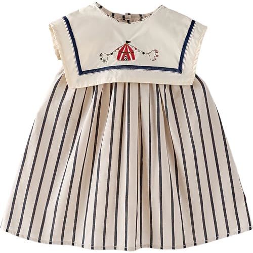 Baby Girls Sleeveless Navy Collar Striped Dress with Embroidery, 6 Months-12 Years, Summer Casual Style