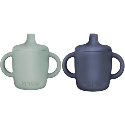 KIDSco. Silicone Sippy Cups (2 Pack) – Soft Spout & Easy Grip Handles for Babies 6+ months, Plastic Free, Toxic Free Silicone, Leak-Resistant, Dishwasher Safe (Green and Midnight Blue)