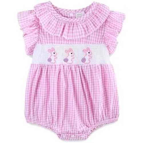 Baby Girl Outfit Infant Bunny Smocked Romper Onesie Short Sleeve Summer Plaid Clothes for 0~24M