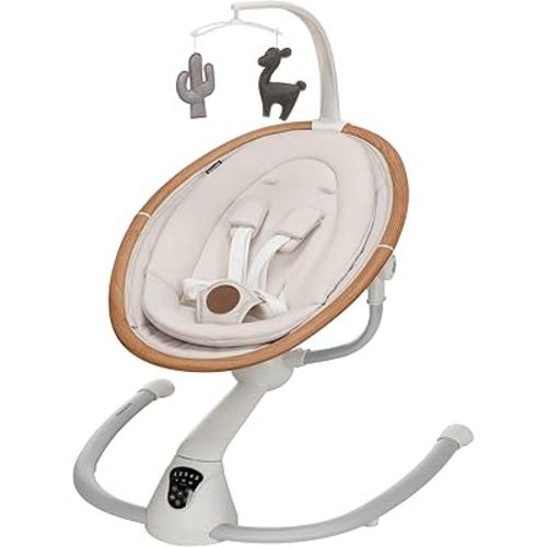 Maxi-Cosi Cassia Balançoire pour bébé avec détecteur de mouvement automatique, musique, jouets, inclinable, portable, rotation à 360 degrés, légère et pliable, sable horizon