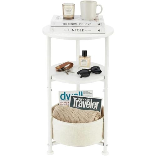 Small Round Side Table with Storage Basket, 3-Tier Narrow End Table Nightstand for Living Room Bedroom, 11.8" Diameter Modern Bedside Table for Small Spaces, Wood Grain & Metal Frame (White)