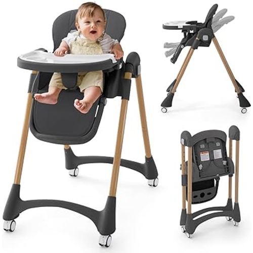 Portable High Chairs for Babies and Toddlers, 3-in-1 Foldable High Chair, Adjustable Height & Recline Baby Feeding Chair with Removable Tray, Adjustable Backrest, footrest & Lockable Wheels Dark Gray