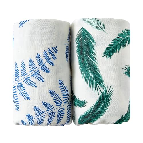 Margaux & May Organic Muslin Swaddle Blankets 2 Pack - GOTS Certified Organic, Large 47x47 Inches, Breathable Baby Blankets, Blue Fern Green Feather - Newborn Essentials Must Haves