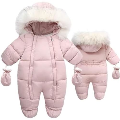 Fairy Baby Infant Baby Winter Snowsuit Coat Romper Hooded Double Zipper Fur Collar Warm Jumpsuit for Boys Girls 6-24 Months