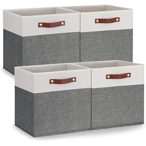 Temary 13x13 Storage Cubes 4 Pack Fabric Cube Storage Bins Large Storage Baskets with Leather Handles, Decorative Storage Boxes for Organizing Closet, Clothes, Foldable Cloth Baskets for Shelves