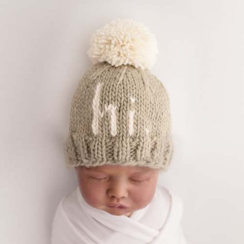 "Hi." Knit Beanie, Pebble
