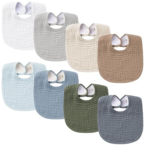 Konssy 8-Pack Muslin Baby Bibs, Adjustable Fit for Drooling and Teething | Soft Absorbent, Drool Bibs for Baby Boys Girls, Cotton Front with Fleece Backing, Newborn to Toddler 0-36M