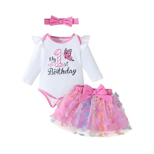 Baby Girl 1st Birthday Outfit Infant Girl First Birthday Bodysuit Butterfly Theme Party Skirt Set