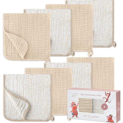 Muslin Burp Cloths, 20"x10"- Pack of 8, 6 Layers Super Soft Absorbent & Breathable 100% Cotton for Baby Drool and Messes, Burp Cloth Baby Boy and Burp Cloths Baby Girl