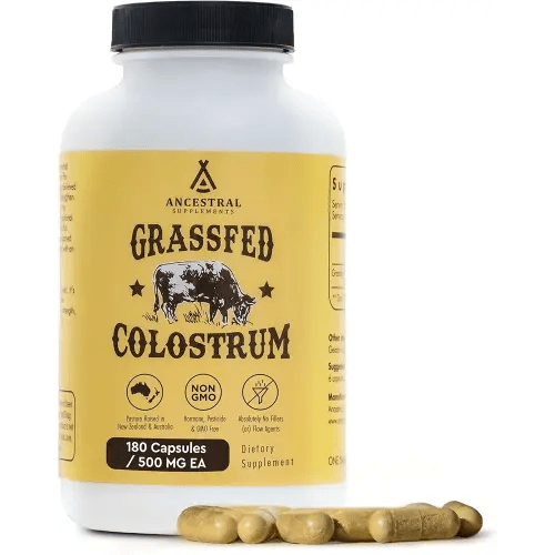 Ancestral Supplements Grass Fed Beef Colostrum Supplement, 3000 mg, Offers Immune Support and Promotes Gut Health, Athletic Performance, Healthy Iron Levels, Growth and Repair, Non GMO, 180 Capsules