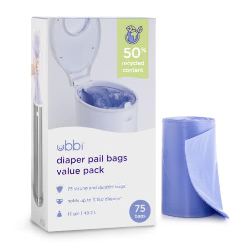 Ubbi Diaper Pail Plastic Bags, 13-Gallon Capacity, 3 Pack, 75 Count | Disposable Baby Waste Bags, Made from 50% Recycled Material, Each Bag Holds Up To 50 Newborn Diapers