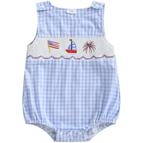 BeQeuewll 4th of July Baby Clothes Newborn Girl Boy Smocked Bubble Romper Flag Plaid Overalls Infant First 4th of July Outfit