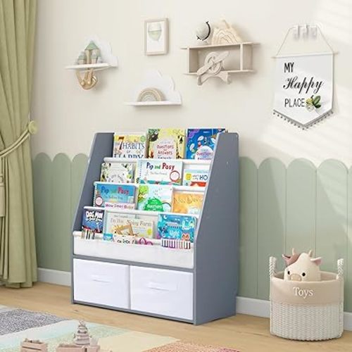 MallBest Solid Wood Toddler Bookshelf with Storage Bins – Montessori-Inspired Front-Facing Book Rack for Kids, Ages 1-5, Easy Assembly, Grey