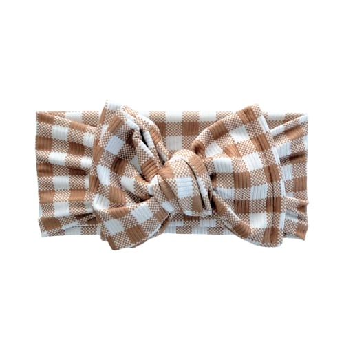 Gingham Ribbed Baby Headband (Golden Brown + White) | Oversized Bow / Newborn | Harper + Remi