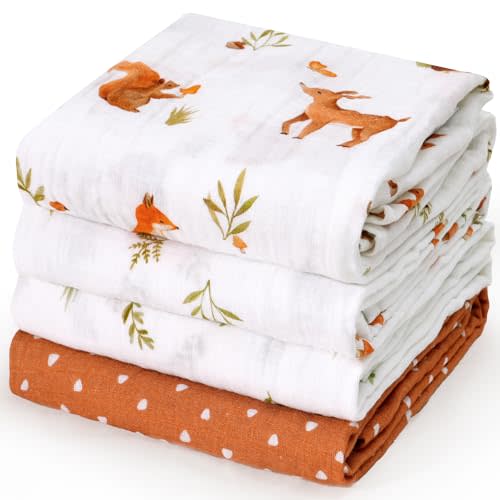 david's kids 4 Pack Baby Muslin Swaddle Blankets, 100% Cotton and Ultra Soft Breathable Receiving Blanket Wrap for Boys Girls, New Born Essentials, Large 47 x 47 inches, Forest Animals