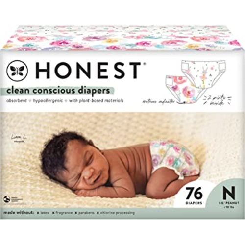 The Honest Company Clean Conscious Diapers | Plant-Based, Sustainable | Rose Blossom + Tutu Cute | Club Box, Size Newborn, 76 Count