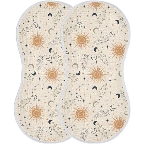 Muslin Burp Cloths for Baby Boys and Girls - 2-Pack Ultra Absorbent Magic Constellations Moons Star Muslin Washcloths, Newborn Towel, Milk Spit Up Rags, Burp Cloth Bibs for Unisex, 22 x 11 Inch