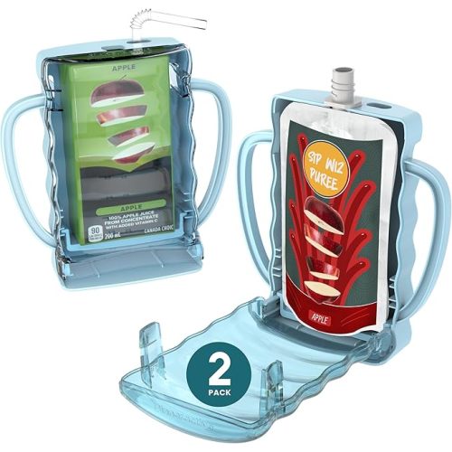 Dinneractive Sip Wiz - Baby Pouch Holder No Squeeze Pouch Food Pouches & Juice Box Holder - Anti-Squeeze Yogurt Pouch Reusable Toddler Essentials 2 Pack