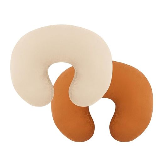 Pro Goleem Muslin Nursing Pillow Cover, Soft Breathable Cotton Feeding Pillow Slipcover for Breastfeeding Moms, Fits Standard Infant Nursing Pillow, for Boys and Girls, 2 Pack (Brown＆Beige) - Brown＆beige