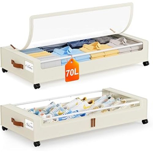 Yecaye Under Bed Storage with Wheels 2Pack, 70L Larger Capacity Under Bed Storage Containers, Underbed Shoe Storage Organizer, Rolling Under Bed Metal Drawers for Clothes, Blankets(35.5 x 17 x 6.7in)