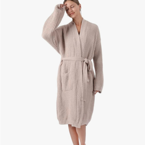 bearberry Cozy Robe Lightweight Soft Plush Robe Vertical Bar Hoodless Sleepwear Nightgown with Pockets for Women