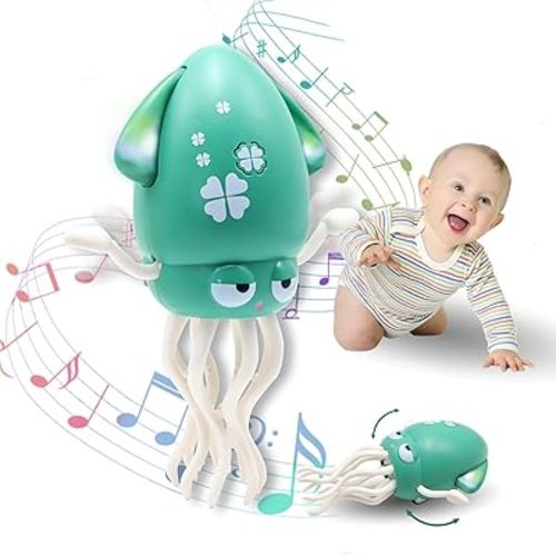 Pbooo Magic Dancing Octopus Toy, Electric Crawling with LED Lights and Music, Rechargeable Music Squid Baby Toy for 3-6 Year Olds, Tummy Time and Toddler Walking Toy, Birthday Gift, Green