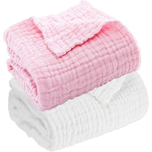 Muslin Baby Blanket Set of 2, 6-Layers 43 x 43 Inches Baby Bath Towel Swaddle Wrap Blankets for Newborn Girls(White & Pink)