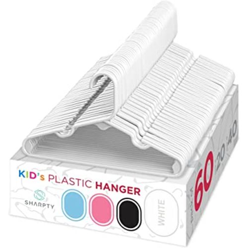 Sharpty Kids Plastic Hangers, Children's Hangers for Baby, Toddler, and Child Clothes - Everyday Standard Use - Ideal for Boys and Girls Closet, Clothing, Pants, Coats, and More - White, 60 Pack