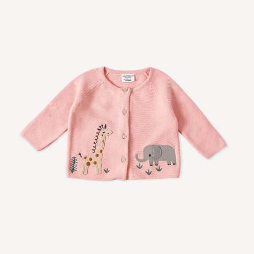 Animal Safari Embroidered Organic Baby Cardigan Sweater - Blush