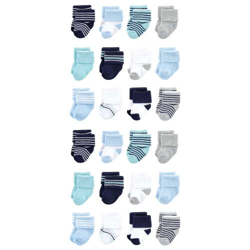 Luvable Friends Cotton Rich Baby Terry Socks 24-Pack, Mint Navy Stripes, 0-6 Months